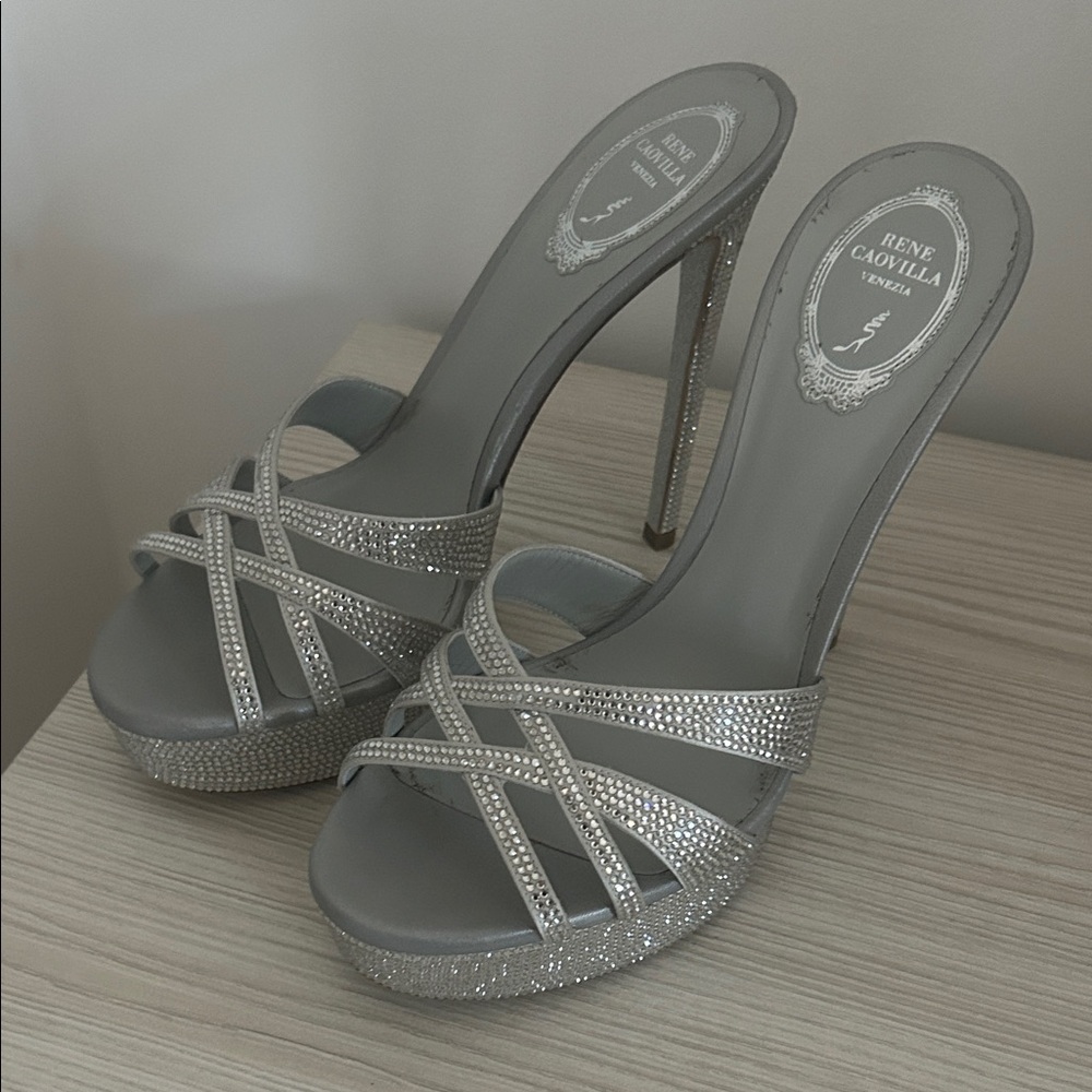 Rene Caovilla Silver Crystal Strappy Stiletto Sandals size 40